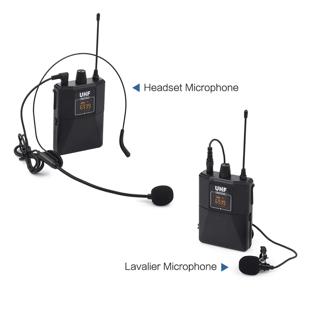 

UHF Dual-Frequency Wireless Microphones Set with 1 Receiver 2 Transmitter 2 Lavalier Mic 2 Headset Mic for Live Performance