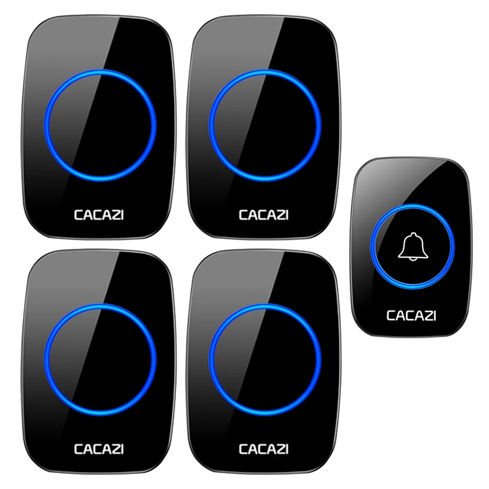 

CACAZI Wireless Doorbell Waterproof 1 Button 4 Receiver 300M Remote LED Night Light Call Bell 0-110 dB 60 Chimes US EU UK Plug