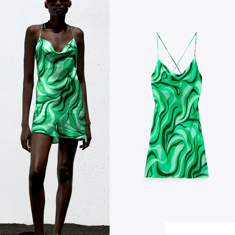 

Za Summer Cross Spaghetti Straps Short Dress Women 2021 Green Slip Sexy Backless Party Dresses Draped Neckline Club Ladies Dress