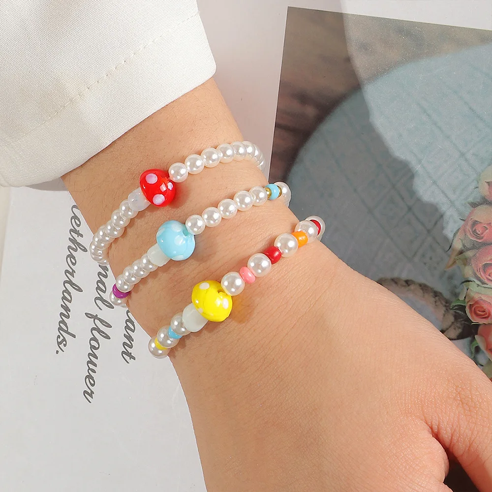 

3 Pcs/Set Cute Colorful Round Beads Imitation Pearl Red White Blue Mushroom Ornaments Bracelet Women Wrist Jewelry Holiday Gifts