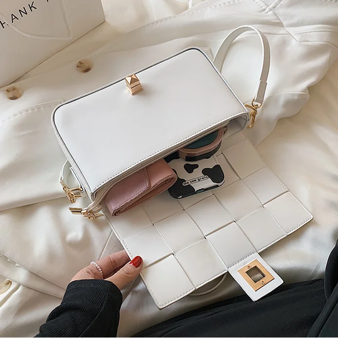 

Ladies Small Square Bag 2021 Fashion Weave Shoulder Bag for Women PU Leather Messenger Bag Female Crossbody Bags Casual Handbags