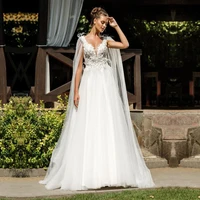 boho wedding dresses v neck appliques lace cape sleeves feather vestido de noiva tulle wedding gown bride dress 2020