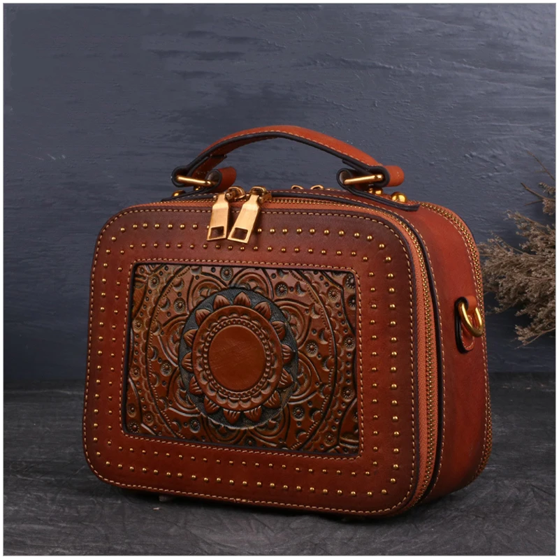 

Summer New Cowhide Leather Female Bags Retro Floral Women's Handbag Totem Embossed Shoulder Bags Small Flap Vintage Cross Body