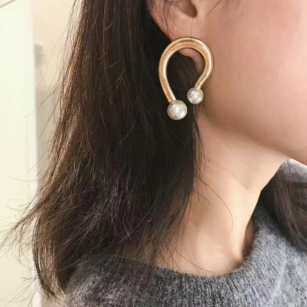 Маленькие милые u образные серьги подвески OL большие золотистые с жемчугом для