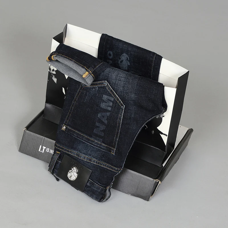 European Street Fashion Men Jeans High Quality Elastic Printed Designer Slim Ripped Jeans Men Skull Embroidery Denim Punk Pants