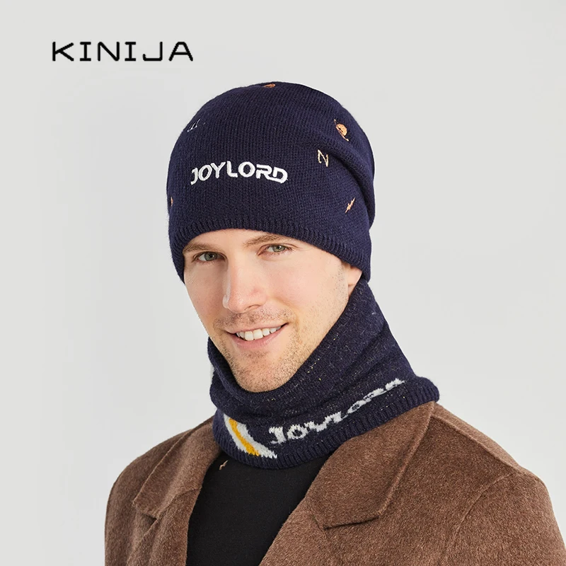 Men winter knitting hat scarf set fashion beanies skull cap plush thick wool cap Russia outdoor cycling ski warm hat for male