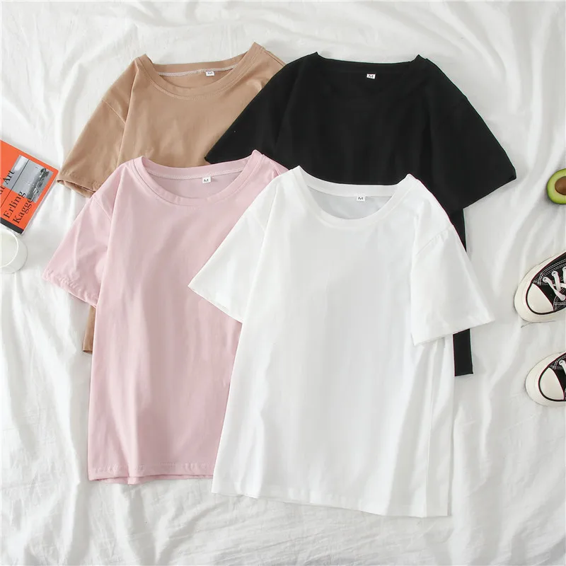 

woman tshirts Summer korean Black White pink women T-shirt harajuku cotton loose O-neck Casual solid Tops Tees 90s girls T Shirt