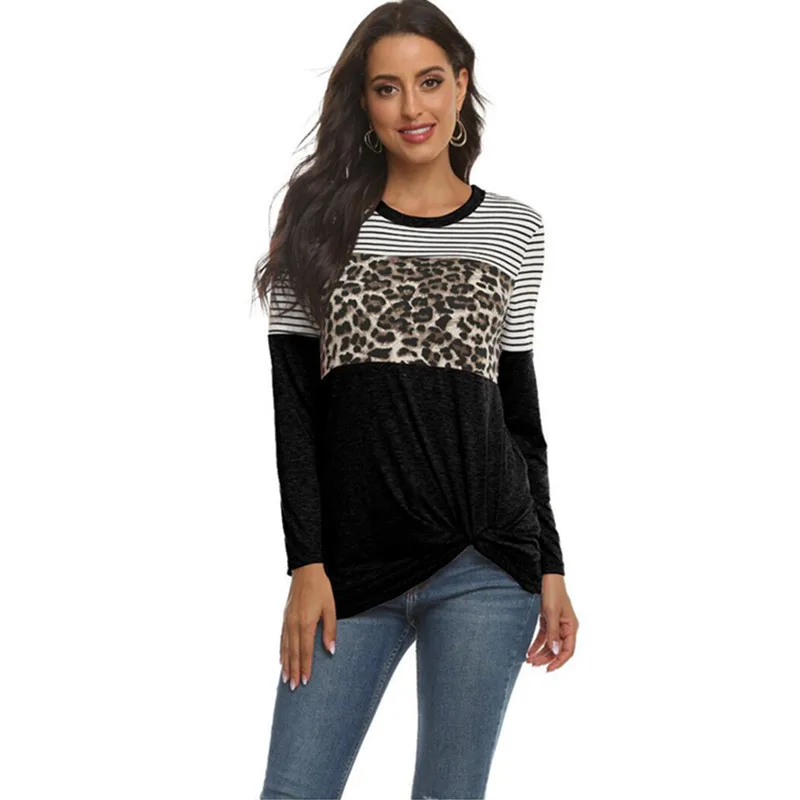 

OLOMLB Autumn Winter O Neck Print Leopard Striped Long Sleeve Casual Women T Shirt New Fashion Fold Kink Hem Slim Ladies T Shirt