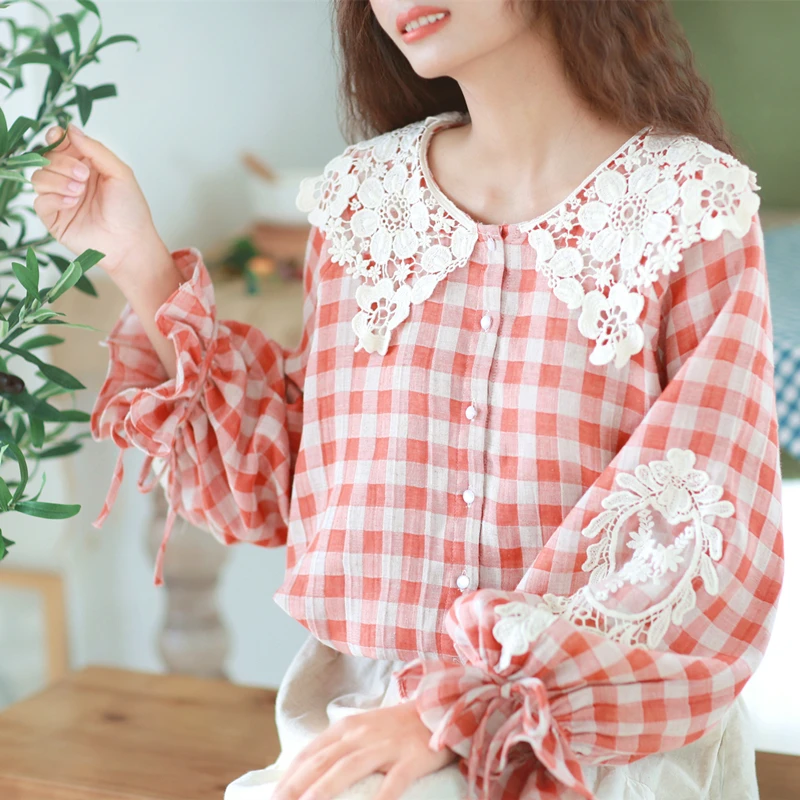 Women Spring Mori Girl Pastoral Style Lace Collar Plaid Cotton And Linen Shirts Korean Sweet Casual Loose All-Match Shirt