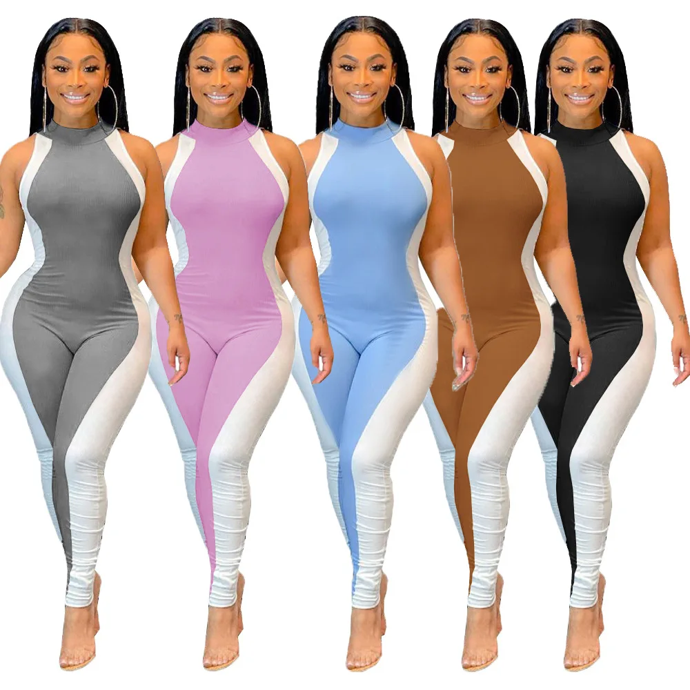 

Sexy Sleeveless Long Jumpsuit Patchwork Rompers Tank Turtleneck One Pieces Outfit Women Summer Spring Skinny Bodycon Long Pants