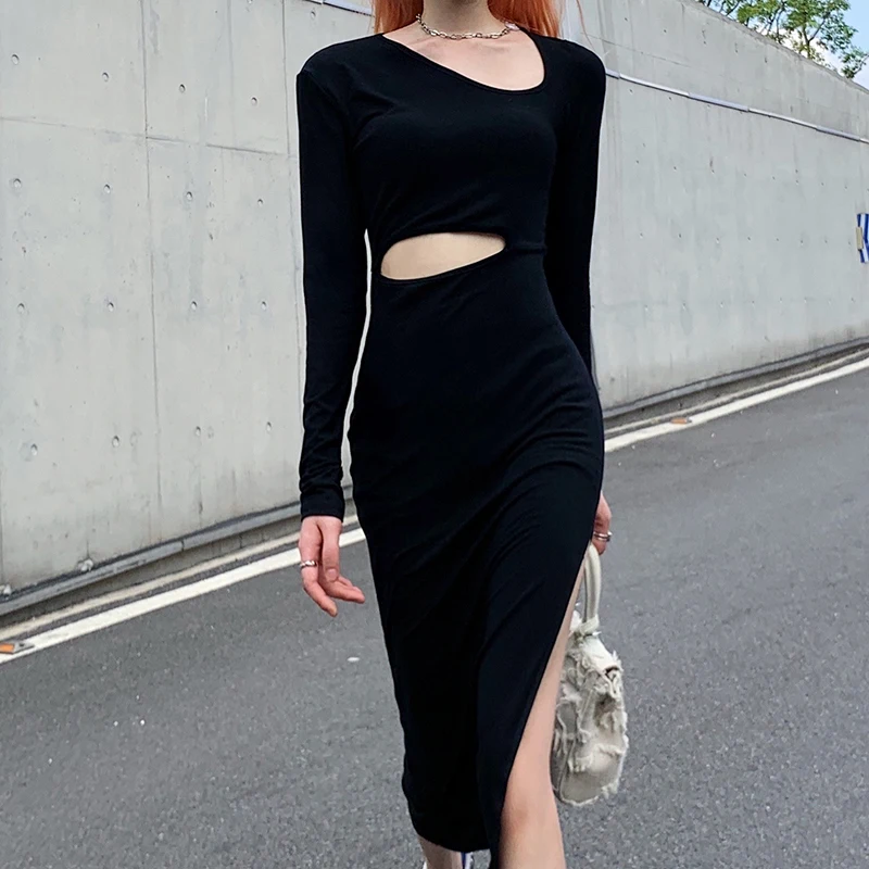 

2021 New Autumn Black Fashion Simple Cut-out Midriff Outfit Split Midi Dress Women's Long Sleeve Sexy High Waist Skimming Dress