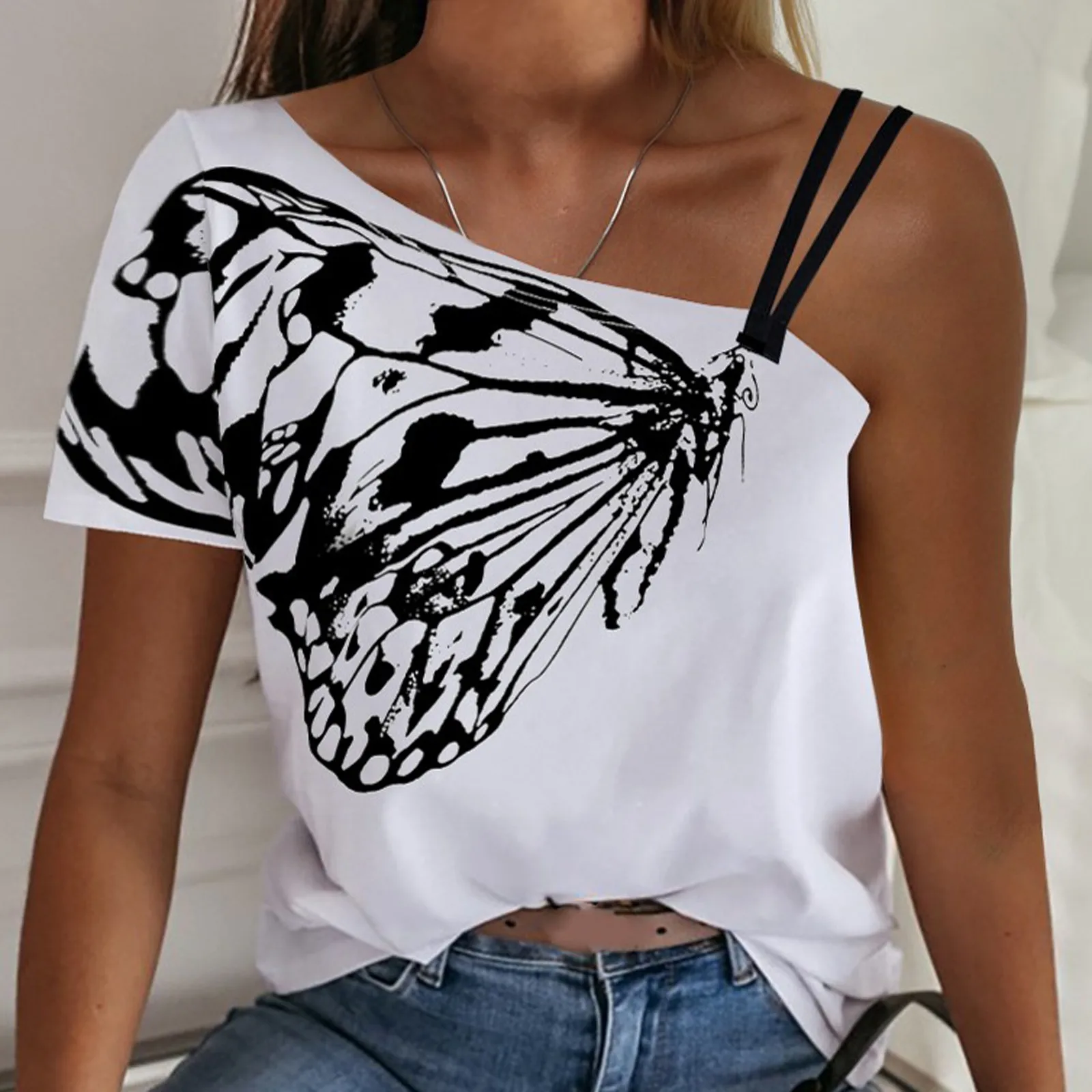 

Butterfly Print Blouses Women Sexy One Shoulder Skew Neck Short Sleeve Strap Blouse Ladies Femme Casual Summer Tops And Blouses