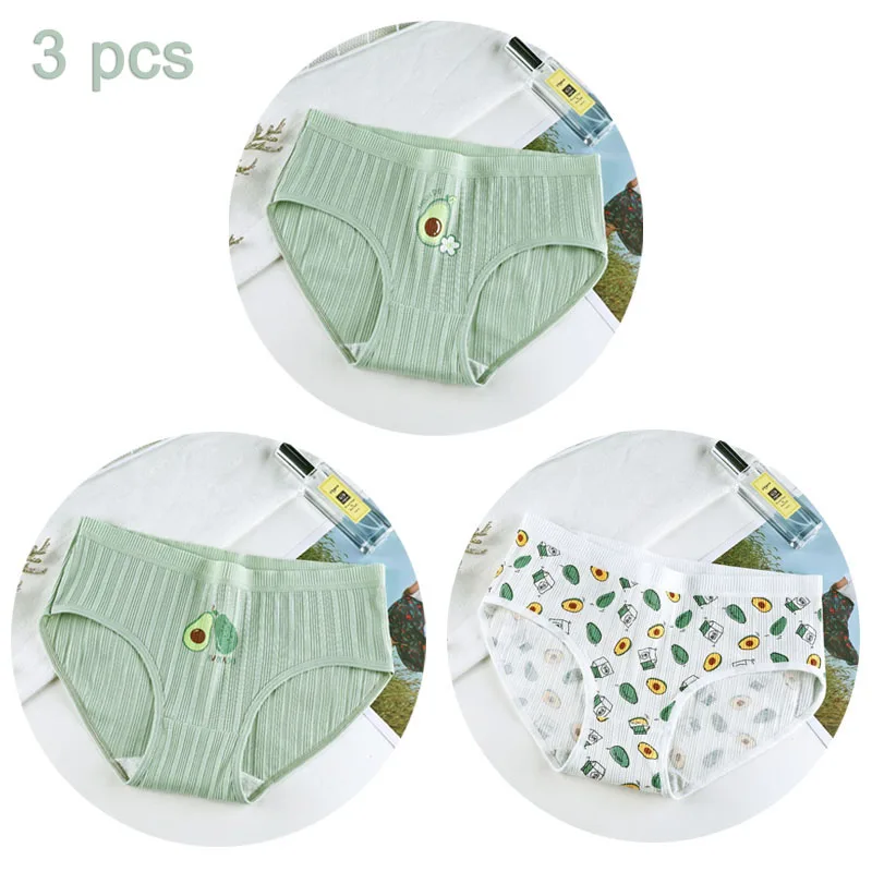 

3Pcs/Pack Green Avocado Printed Panties For Women Cute Fruit Cotton Briefs Underwear Soft Breathable Underpants Student Lingerie
