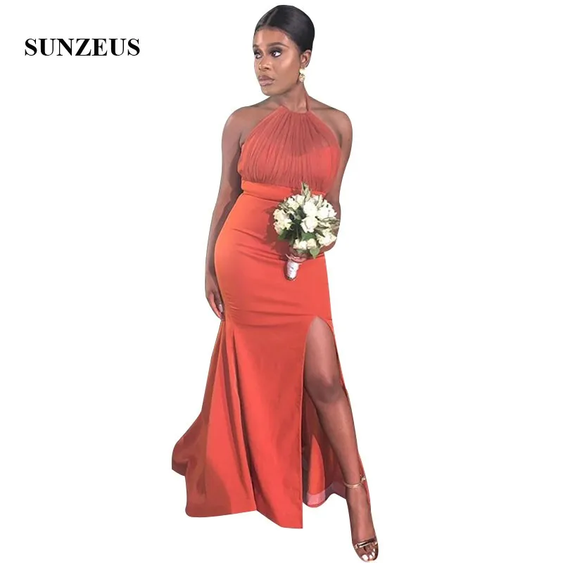 

Mermaid Bridesmaid Dress 2022 New Long Satin Wedding Party Gowns Halter Neck Tulle Top Women Guest Dress