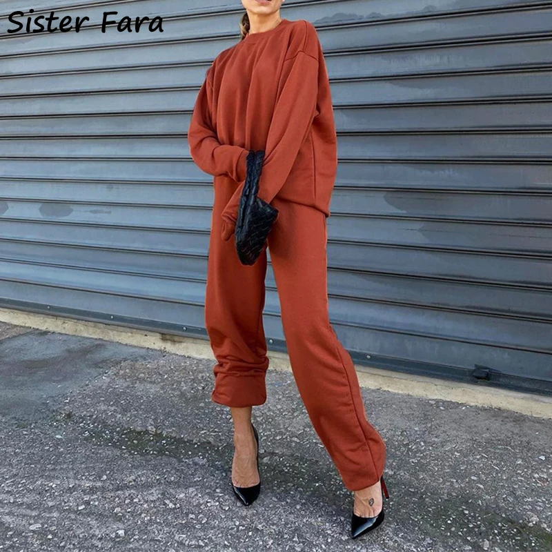 Sister Fara Spring Autumn Women's 2 Piece Jumpers O-neck Knit Hoodie Sweater+High Waist Loose Wide Leg Pants Ladies Casual Suit |