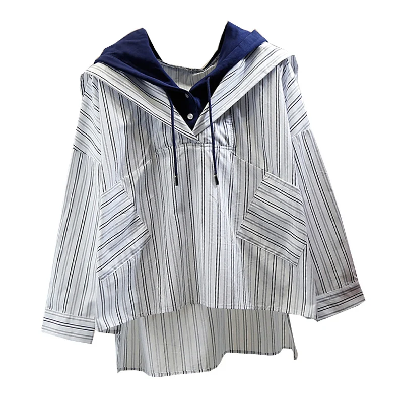 

Irregular Shirt for Woman New Side Split Hoodie with Drawstrings Striped Shirts Fashion Korean Style Loose Student Sweatshirt