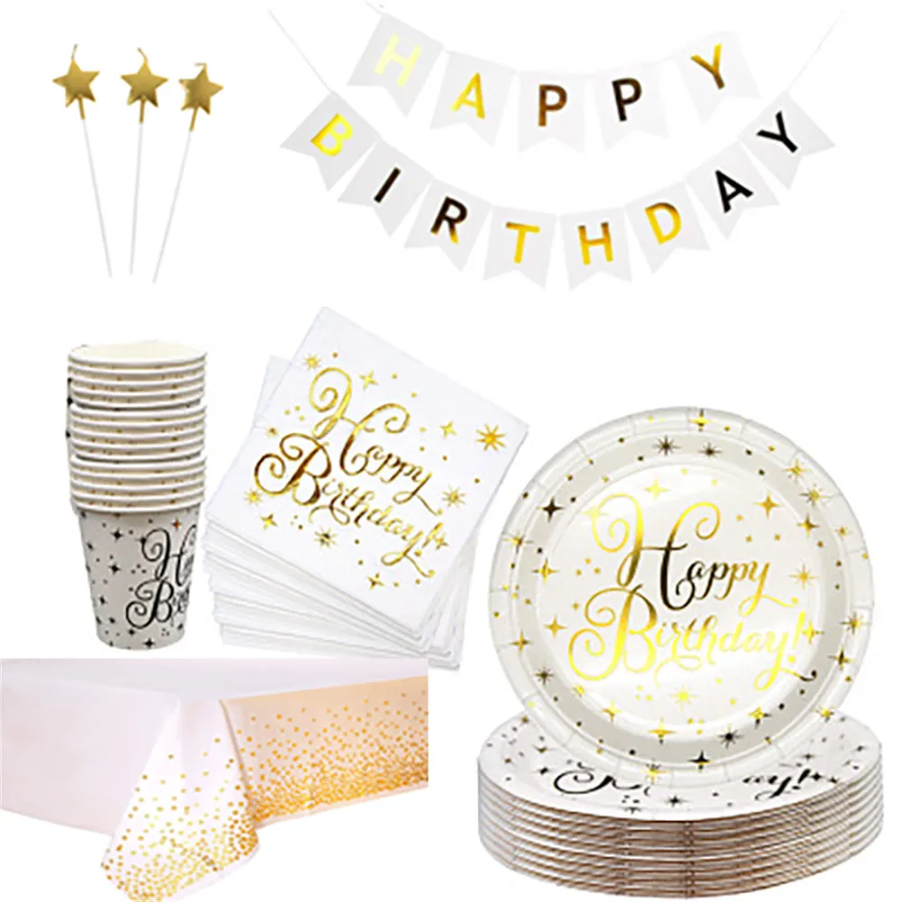 

Gold Stamping Disposable Tableware Gold Dots Happy Birthday Party Decorations Disposable Plates Napkins Cups Banners