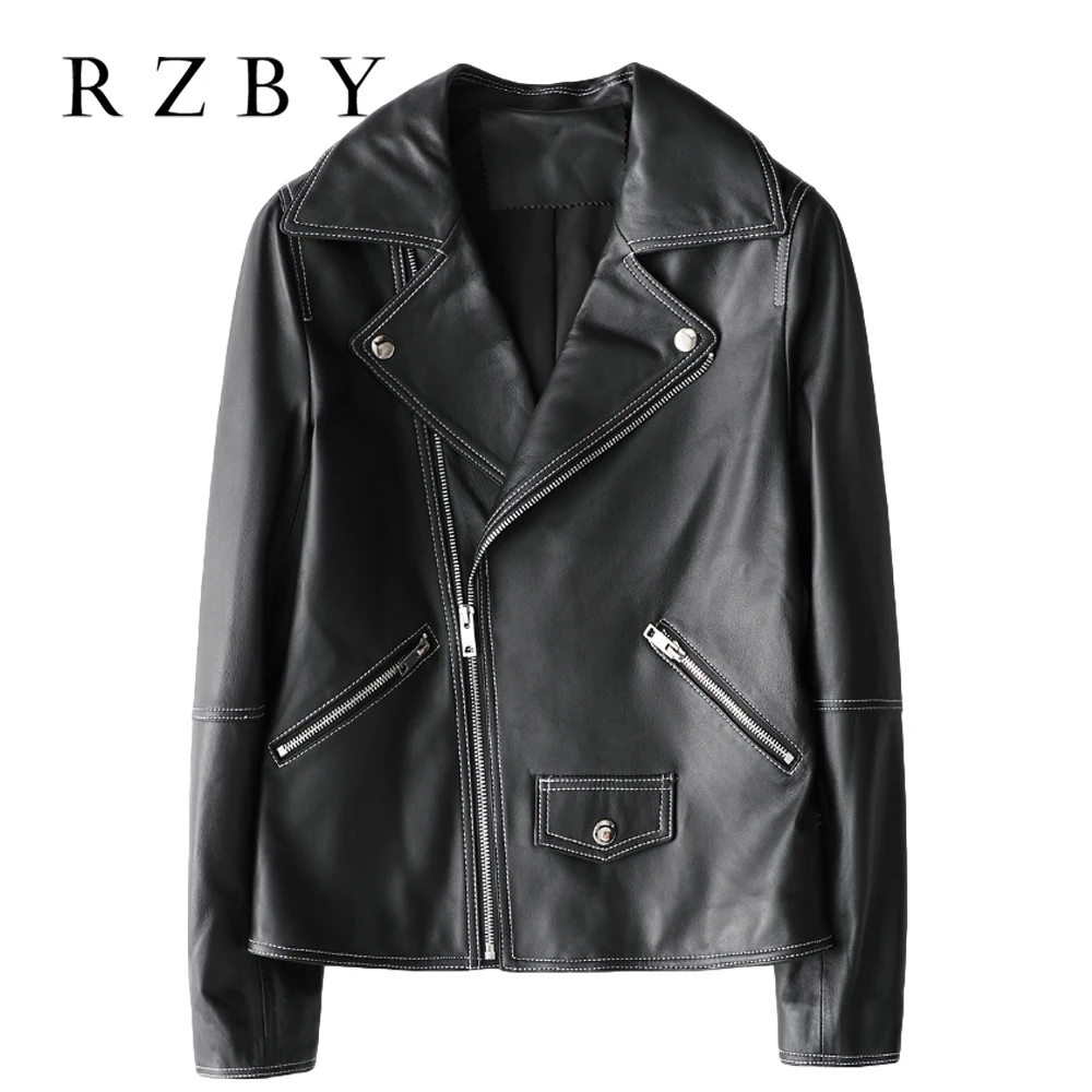 

100% Real Sheepskin Coat Female Genuine Leather Jacket Zipper Slim Black Moto & Biker Jacket Outerwear jaqueta de couro RZBY168