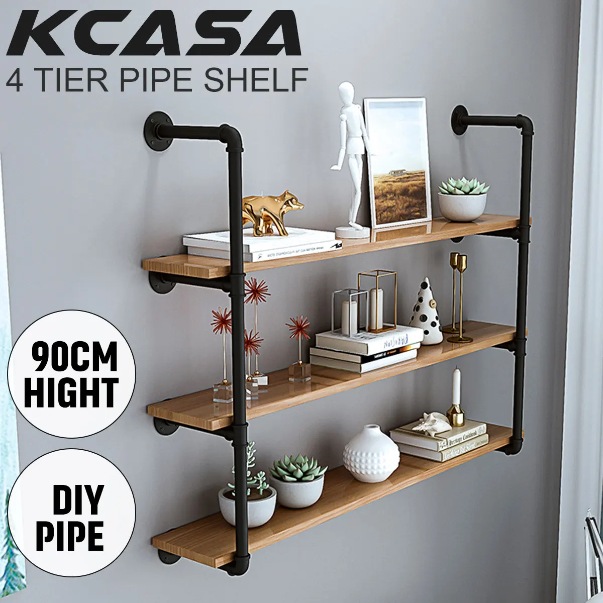 

2Pcs 3 Tier Industrial Retro Bookshelf DIY Iron Pipe Shelf Wall Mounted Storage Shelves Bracket for Home Decor Kitchen Kids Room