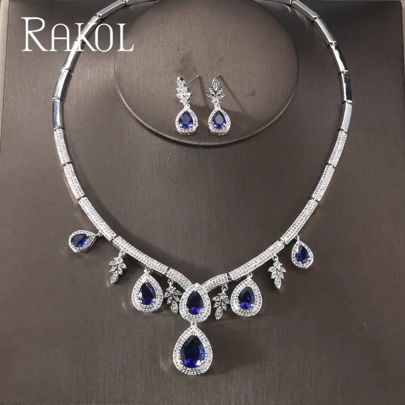 RAKOL Роскошные капли воды кубического циркония камень серьги ожерелье набор украшений для женщин свадебный ужин платье Дубай ювелирные изделия