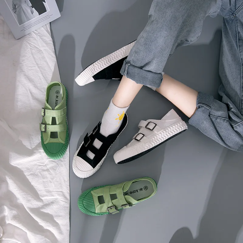 

Shell head Korean Casual Sneakers Women Cavans 2020 Summer Female Flat Platform Breathable Black White Green Women Shoes
