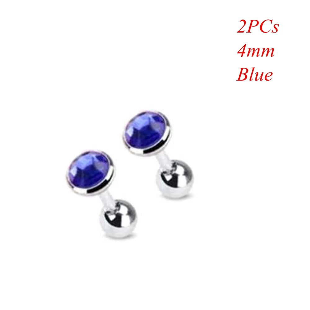 4mm blue 2 шт хирургическая сталь драгоценный камень штанга ушной хрящ трагус спираль серьга-гвоздик для пирсинга Циркон многоцветные серьги гвоздики ювелирные аксессуары - Окраска металла: 4mm blue