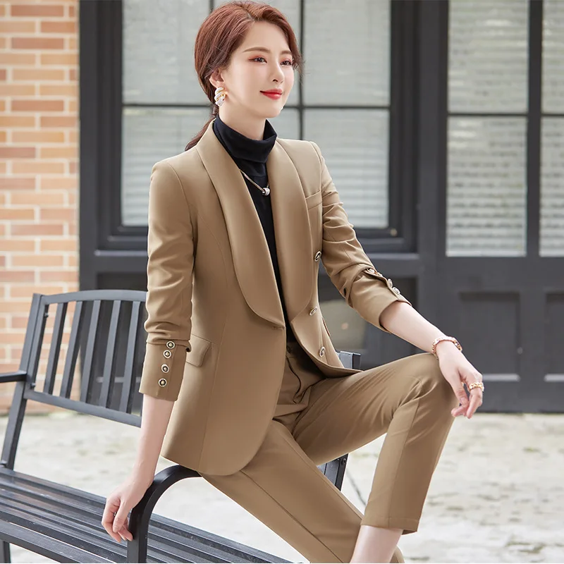 

IZICFLY Autumn Winter New Professional Khaki Ladies Suits Formal Set Pants And Blazer Uniform Elegant Business 2 Peice Work Wear