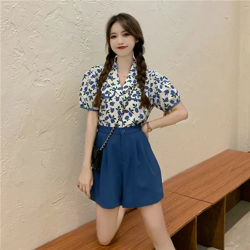 

Small Fresh Floral Foam Sleeve Fashion Summer Top Shirt + Short Wide Leg Pants Versatile Women's Two Piece Set 2021