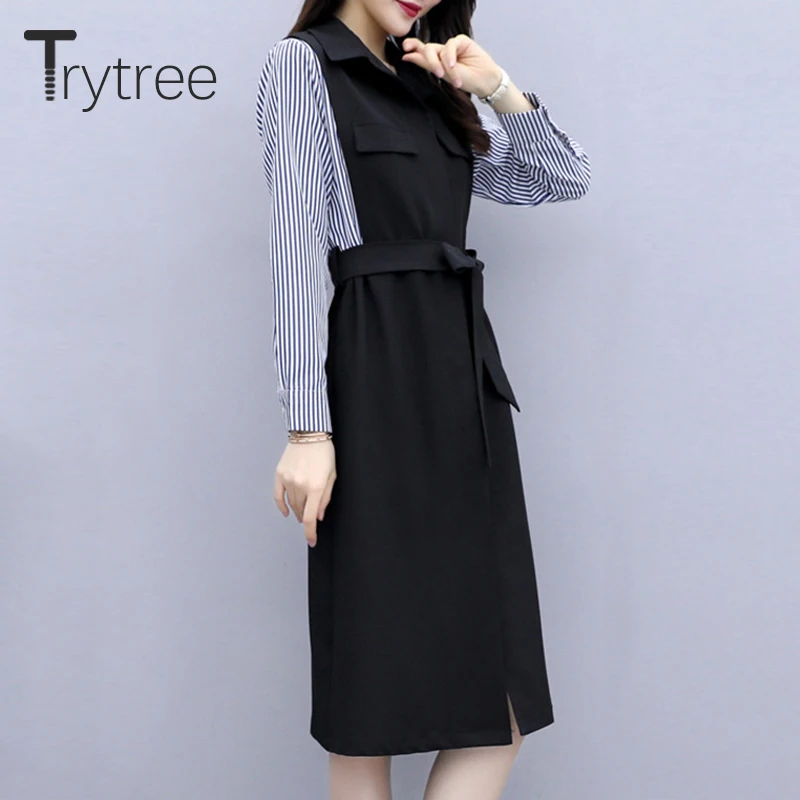 Осенне зимнее женское платье в полоску с отложным воротником и поясом|Женские