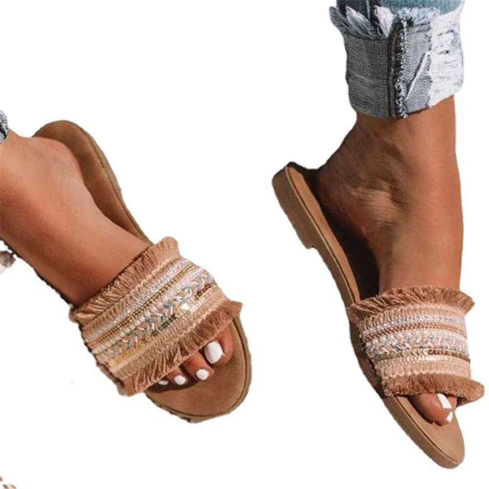 

INS Women Summer Rome Retro Fluffy Sandals Flat Casual Slippers Shoes Female Slip on Slides Woman Shoes Big Size Sandalias Mujer