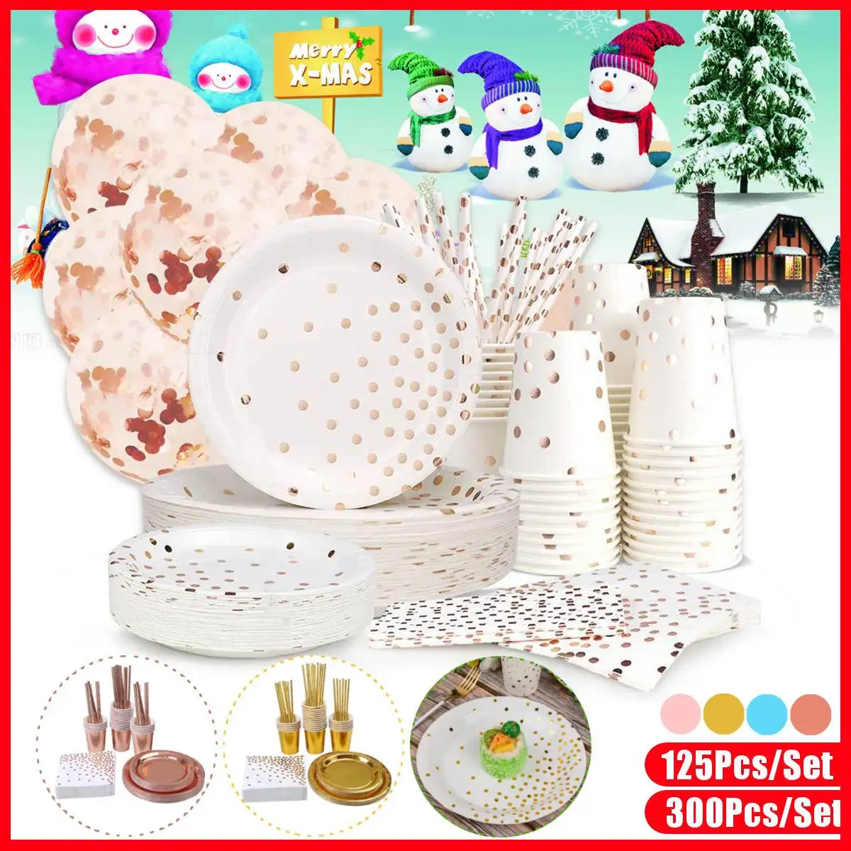 

125PCS/SET Disposable Paper Dinner Dessert Plates Cups Napkins Balloons Straws Plates Set for Birthday Party Wedding Holiday