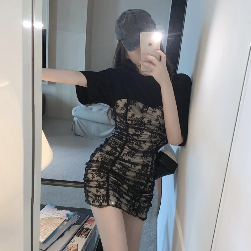 

Hong Kong Style Design Sexy Sweet and Spicy Sheath Tight Pleated Lace Stitching Black T-shirt Dress for Women Summer Small