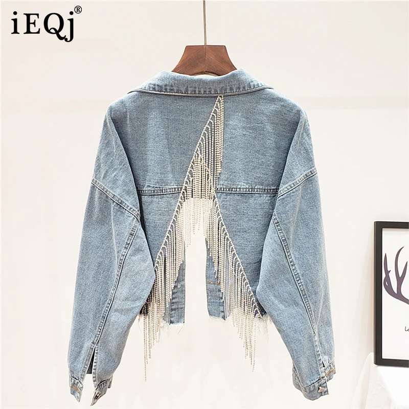 

IEQJ 2021 new spring and summer fashion lady's denim jacket tassels metal spliced patchwork short coat female top WP16705