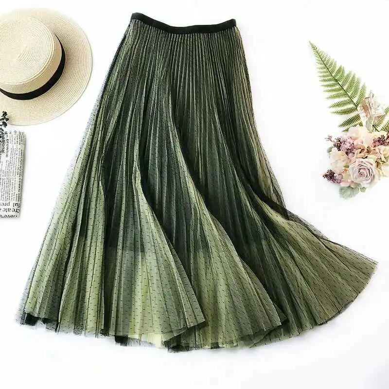 

Spring And Summer Women's Fashion Gradual Change Temperament Office Lady A-line Mid-calf Empire Tutu Pleated Skirt Ladies Skirts