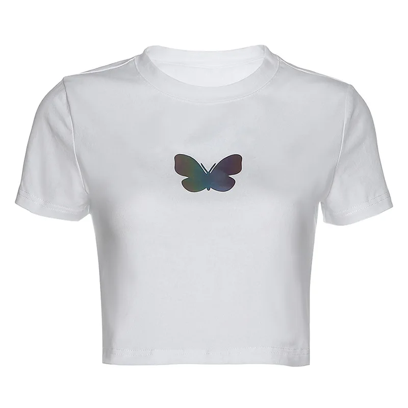 

Women's Tshirt Summer Korean Butterfly Print T Shirt Short Sleeve Retro Harajuku Vintage Black White Solid Crop Tops Woman 2021