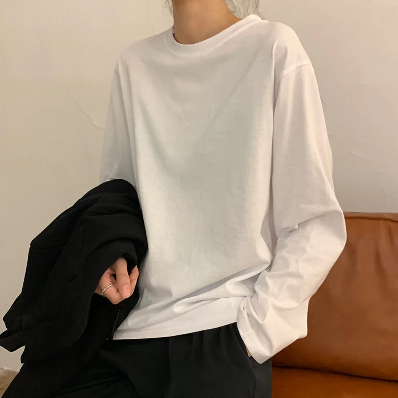 

Hong Kong Style Chic Early Autumn Top Cotton Long-sleeved White T-shirt Women's Spring and Autumn Korean Style Loose Casual.Kio
