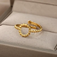 vintage round hollow open rings for women stainless steel gold beads adjustable finger couple ring aesthetic accessories jewelry