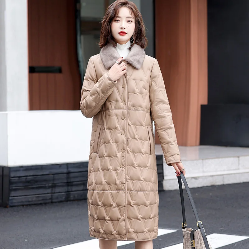 New Women Sheepskin Down Overcoat Autumn Winter 2022 Fashion Warm Mink Fur Collar Loose Leather Down Coat Thick Long Fur Coat