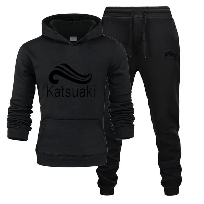 black suits Брендовая одежда, мужские повседневные толстовки, пуловер, хлопковый мужской спортивный костюм, толстовки из двух частей+ штаны, спортивная одежда ropa hombre - Цвет: black suits