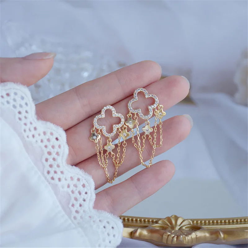 

Классические свадебные украшения для невесты, Подвесные серьги, Цветочная цепочка, темперамент 14k, настоящее золото, блестящие циркониевые ...