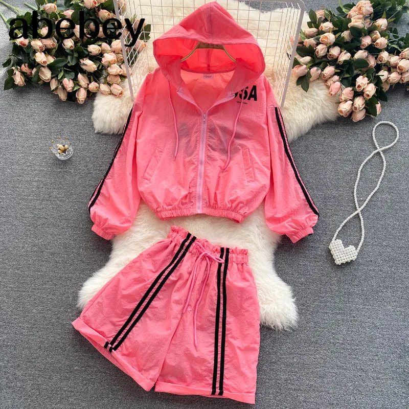 

Women Autumn Casual Sports Set Long Sleeve Loose Zipper Hooded Outerwear+High Waist Wide Leg Shorts Two Piece Suits
