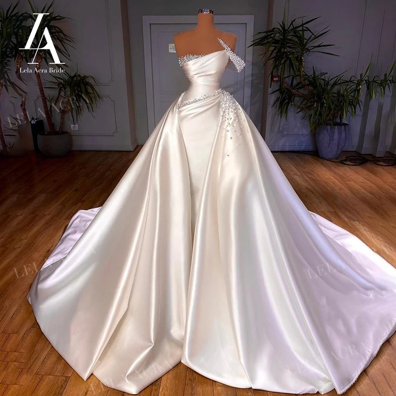 

LelaAcra Satin Beaded Wedding Dress 2023 3 In 1 Pearls Mermaid Court Train Luxury Princess Bride Gowns VS05 Vestido de Noiva