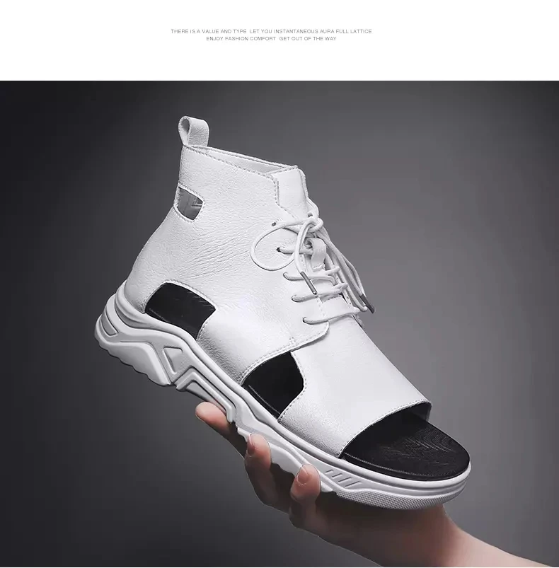 Men's Summer Sandals Leather Open Toe Thick Soled Hollow Lace Up Sandals Fashion High Top Sports Sandals Roman Sandals Dad Shoes images - 6