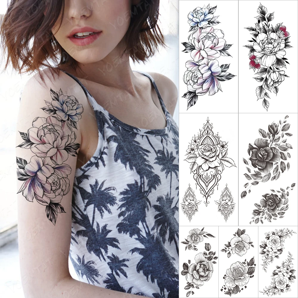 

Waterproof Temporary Sleeve Tatooo Stickers Color Peony Rose Flower Butterfly Line Painted Tattoo Body Art Man Women Fake Tatoo