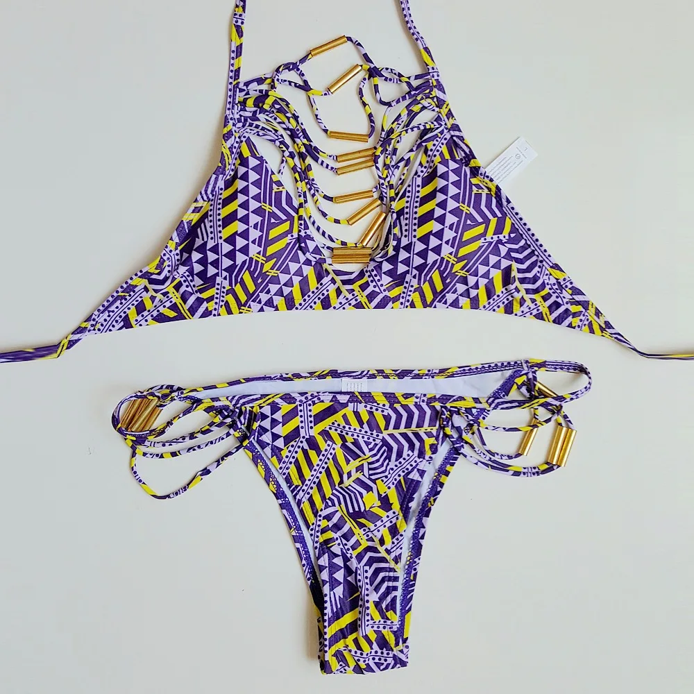 

New Fashion Sexy Wild Multi Rope Tassel Bandage Bikini Swimsuit Personality Totem Printed Swimsuit Summer Beachwear Swim Suit