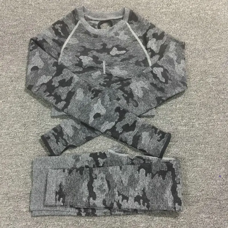 Black Set 2 шт./компл. камуфляж Йога Комплект Для женщин бесшовные Фитнес Йога бюстгальтер спортивный бюстгальтер Высокая Талия тренажерный зал камуфляжной расцветки, легинсы, штаны для фитнеса костюмы тренировки - Цвет: Black Set