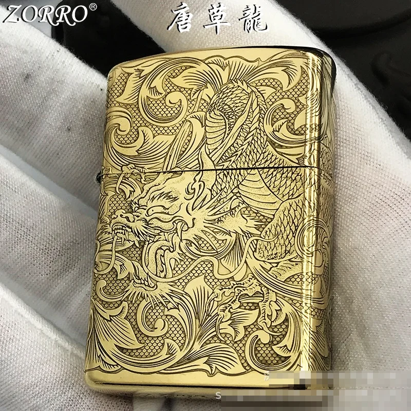 

Zorro Tangcaolong Pure Copper Kerosene Lighter Pure Copper Five-sided Fine Carving Creative Genuine