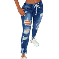 tight hole jeans lady fashion high waist denim long pants drawstring lace up trousers woman solid color ripped straight jeans