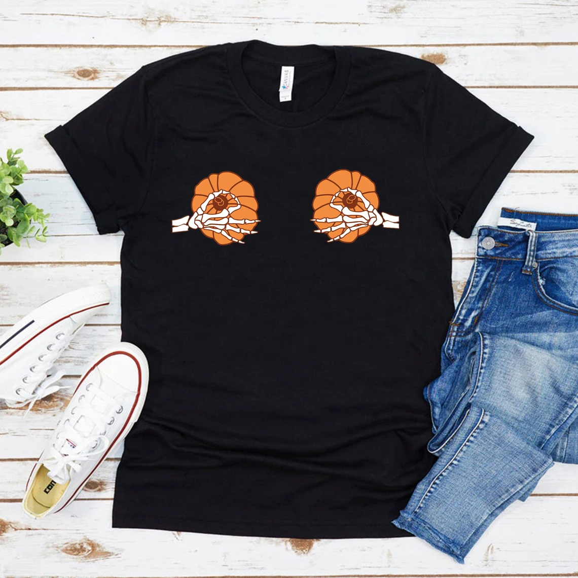 

Pumpkin Boobs Shirt Funny Halloween T-Shirt Skeleton Boobs T Shirt Woman Tshirts Crewneck Tees Women Harajuku Shirts Tops Female