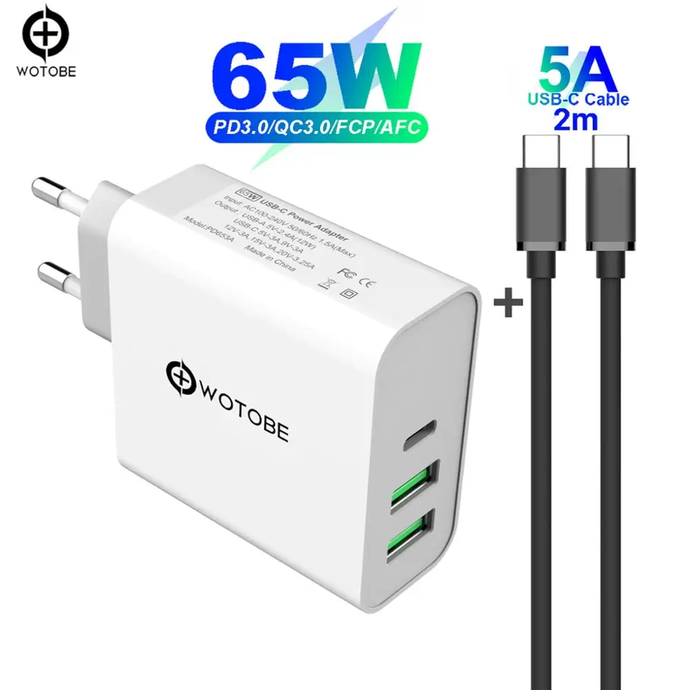 Charger and Cable 65 Вт TYPE-C USB-C адаптер питания, 1 порт PD60W QC3.0 зарядное устройство для USB-C ноутбуков MacBook Pro/Воздушный iPad Pro, 2 порта USB для samsung iPhone - Цвет: Charger and Cable